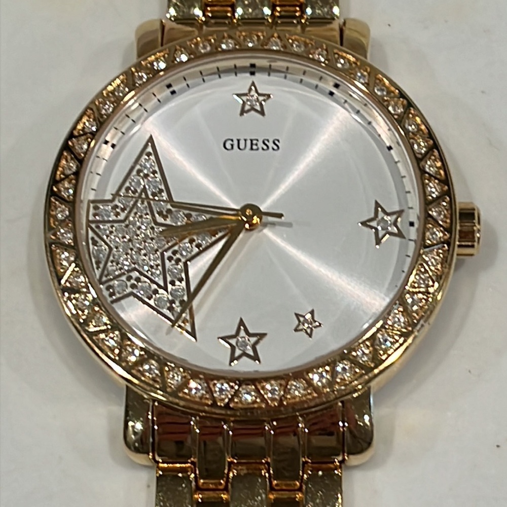 Vintage Guess Goldtone Watch with Crystal Accents-Star Detailing. Battery Needed